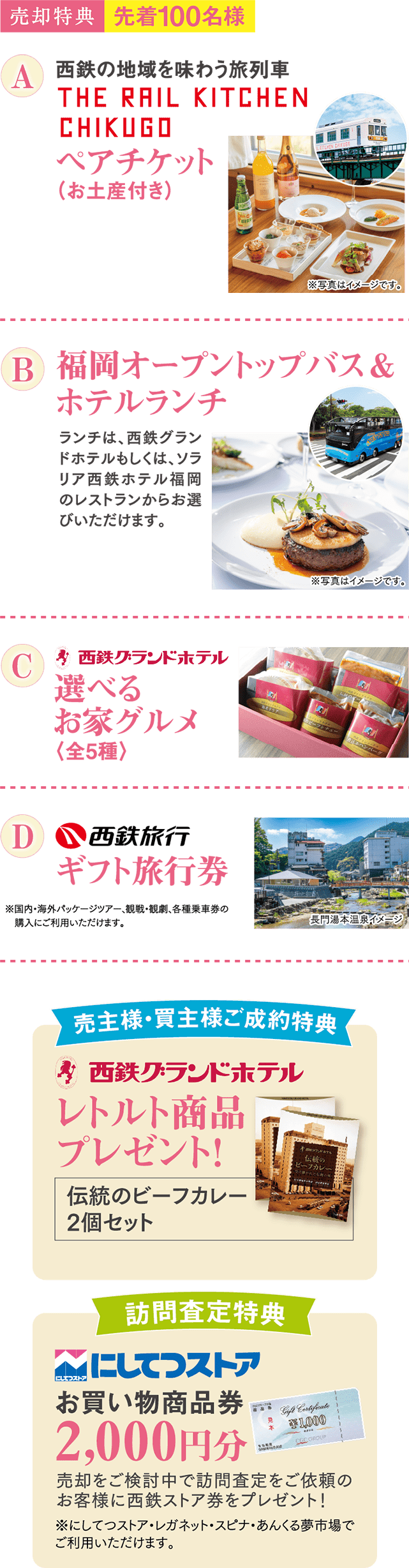 A：THE RAIL KITCHEN CHIKUGO ペアチケット（お土産付き）、B:福岡オープントップバス＆ホテルランチ、C:西鉄グランドホテル選べるお家グルメ（全5種）、D:西鉄旅行 ギフト旅行券